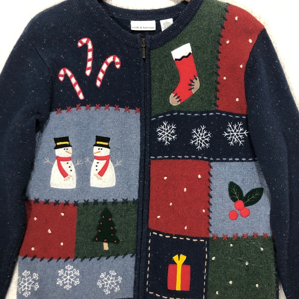 Craft & Barrowโ Ugly Christmas Sweater Women's L Zip Up Snowman Candy Cane